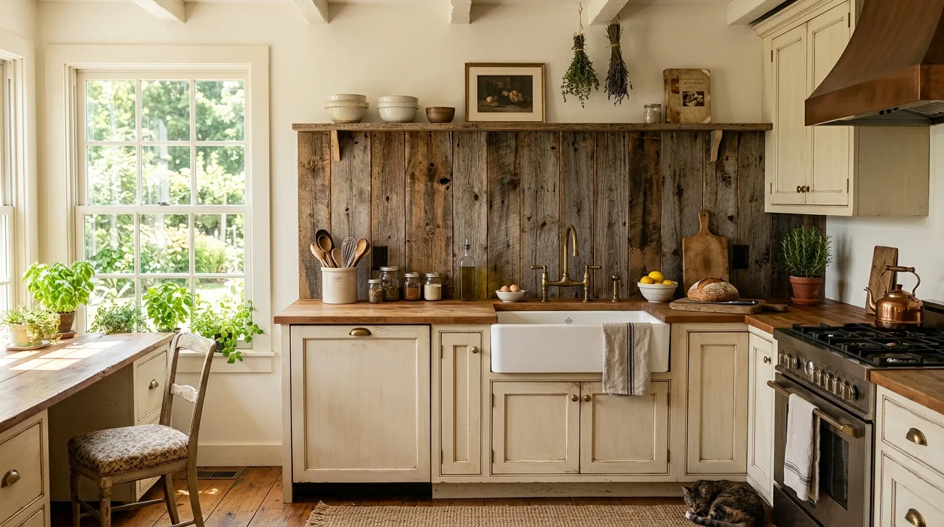 Rustic wooden backsplash in a farmhouse kitchen